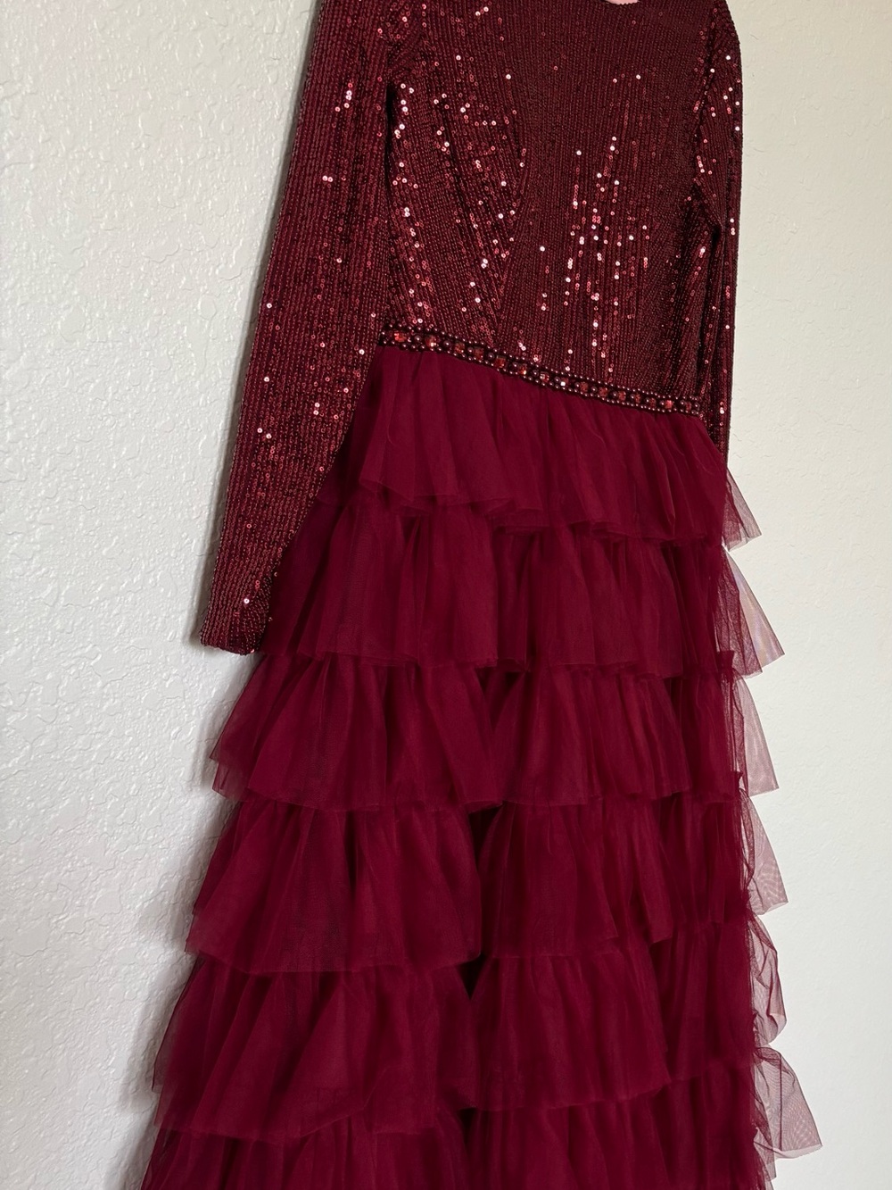 IEENA for Mac Duggal Style 26299 Burgundy Sequin Bodice Tiered Tulle Midi Dress - Picture 14 of 16